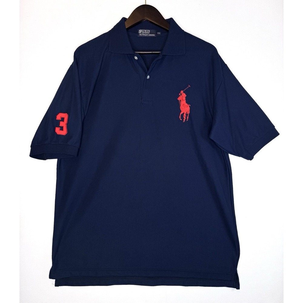Polo by Ralph Lauren Big Pony Polo Shirt Mens 3XL Navy Blue Red #3 Sleeve Y2K